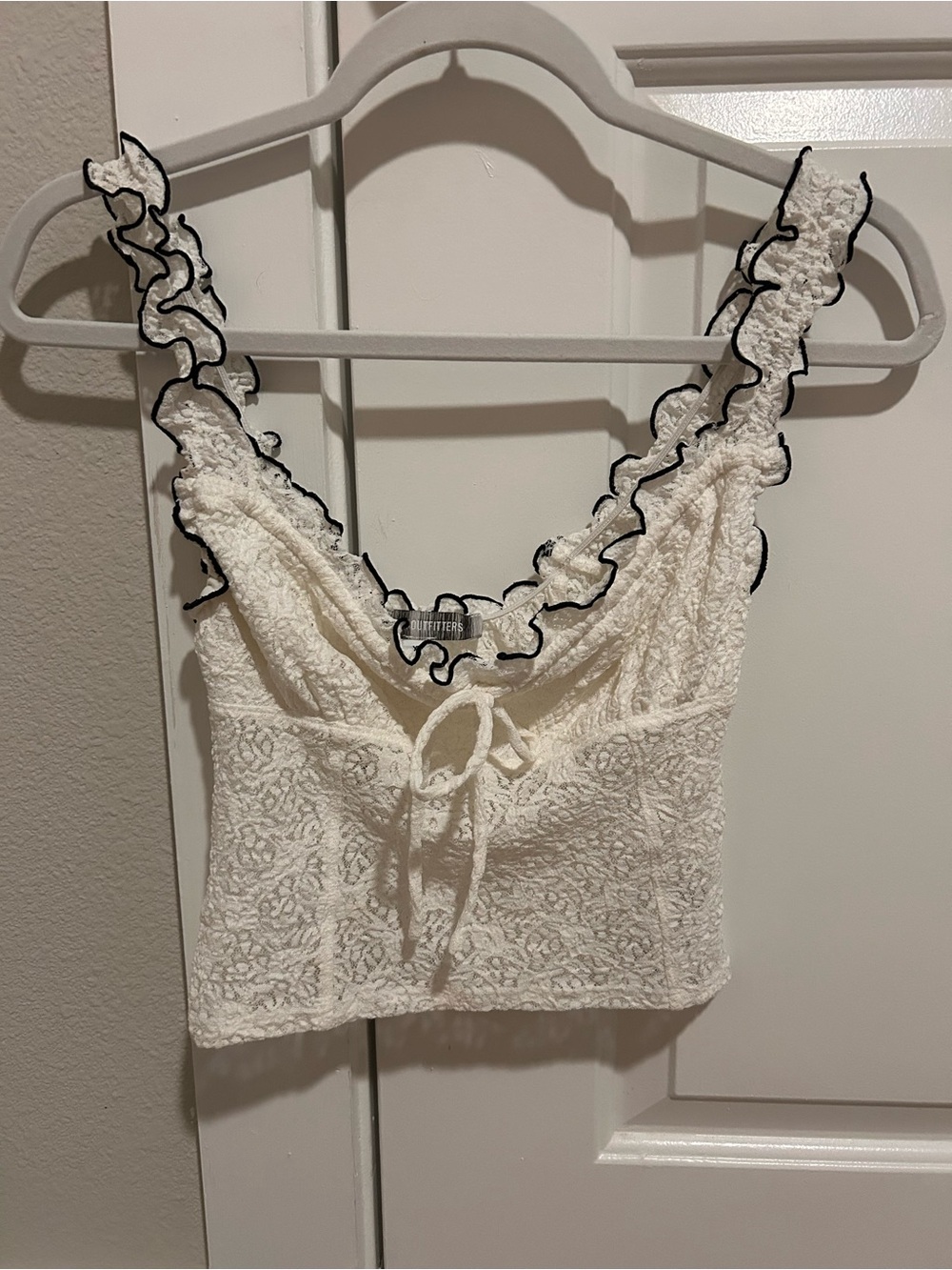 Urban Outfitters Cream Lace Ruffle Tie-Front Top with Black Trim